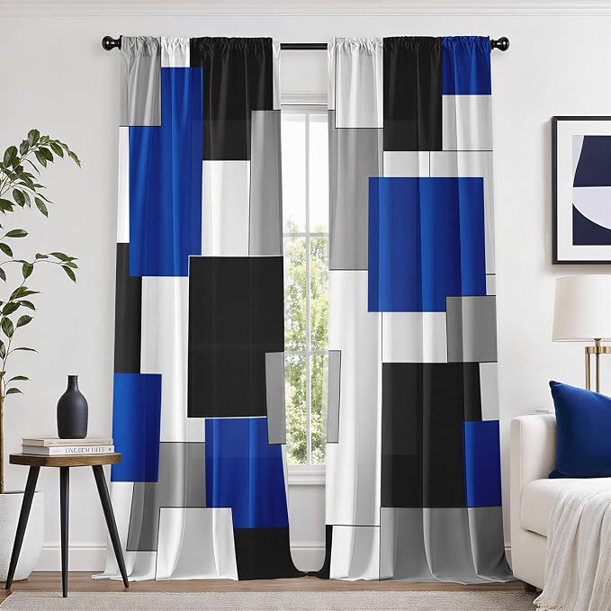 Blue and Black Curtains for Living Room 84 Length Geometry Curtains Modern White Blue Abstract Rod Pocket Curtain for Bedroom Kitchen Room Window Drapes 2 Panels