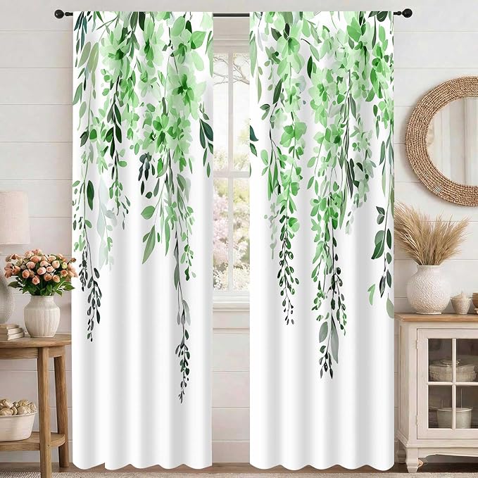 Green Watercolor Floral Curtains, Botanical Leaves Vine Flowers Curtain, Rustic Farmhouse Flower Leaf Blackout Window Treatment Drapes for Bedroom Living Room 42x90 inch, 2 Panels