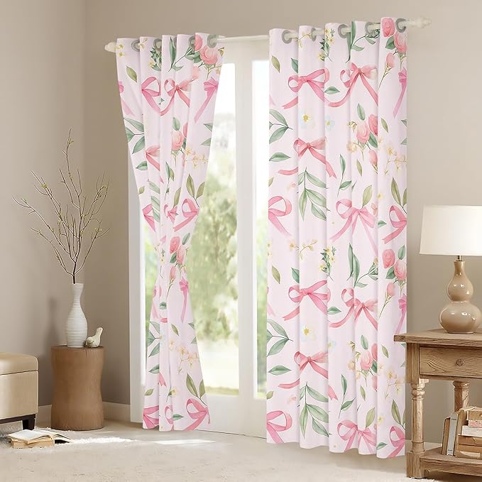 Feelyou Bow Room Darkening Blackout Curtain (2 Panels, 52 x 96 Inch) Pink Girls Bow Curtains for Bedroom Living Room Cute Bowknot Blackout Curtains Floral Flower Window Treatments Kawaii Bow