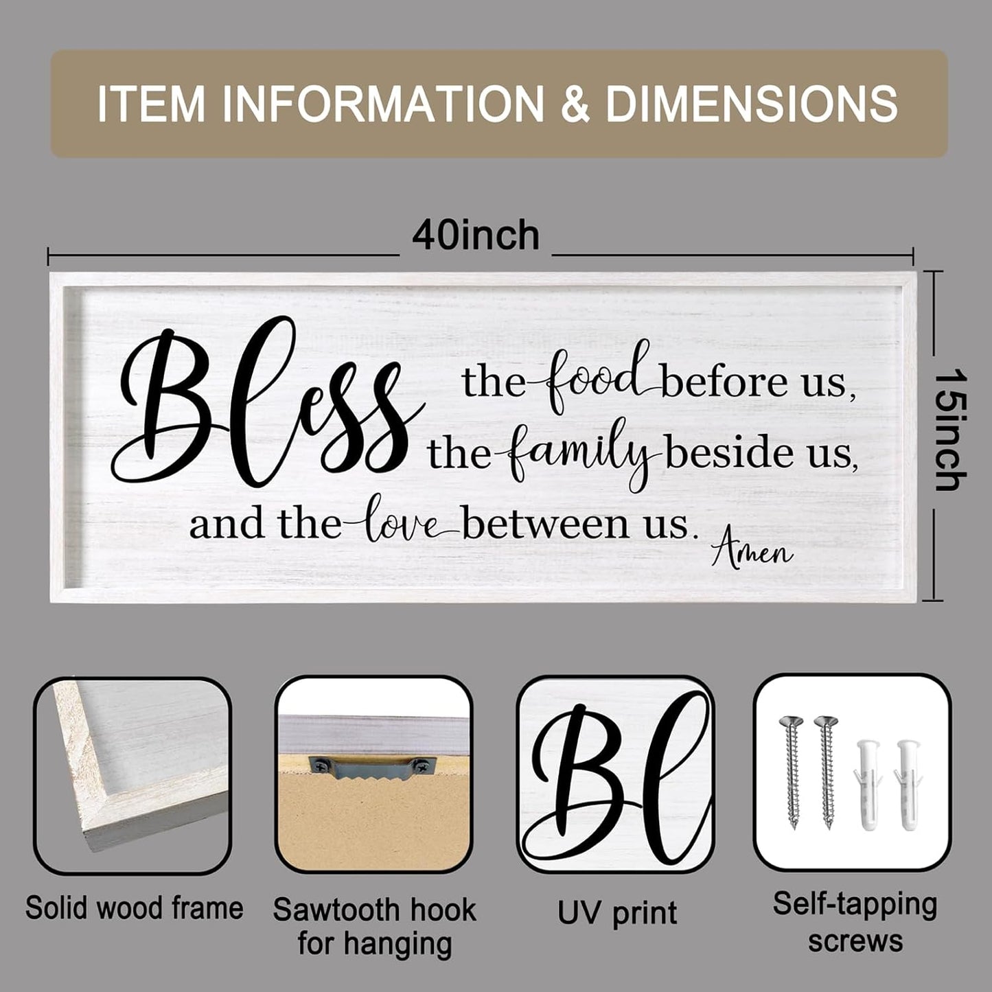 Bless the Food Before Us, the Family Beside Us, and the Love between us Framed Wall Art for Dining Room, 40''×15'' Holy Positive Religious Rustic Bible Verse for Christian God Jesus Christ Prayer