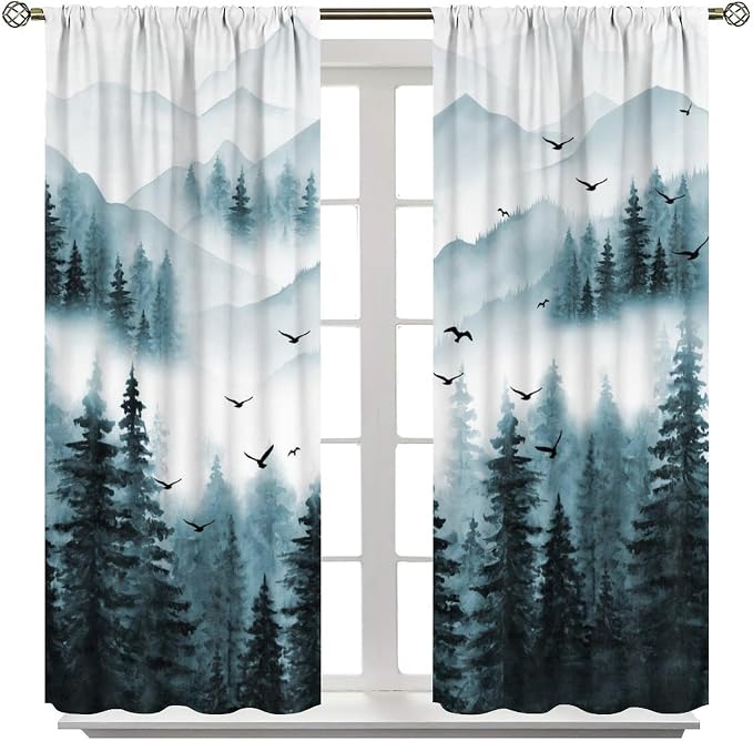 Forest Blackout Curtains for Kitchen Retro Natural Countryside Mist Blue Watercolor Mountain Forest Tree Theme Print Windows Treatments for Boys Girls Bedroom Living Room 55x63in
