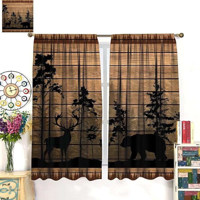 Farmhouse Forest Cabin Blackout Curtains for Kitchen Rustic Wooden Country Vintage Bear Deer Rustic Cabin Window Treatments for Farmhouse Bedroom Living Room 63x72in