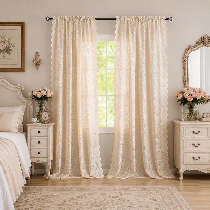 ALIGOGO Beige Curtains 108 Inches Long, Fancy Sheer Floral Lace Curtains for Living Room Bedroom, Light Filtering Rod Pocket Corchet CottageCore Window Treatments Set of 2, 52 x 108 Inch, Light Brown