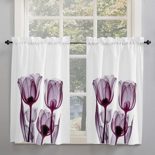 Kitchen Tier Curtains 54 inches Long, Abstract Transparent Purplish Red Flower Tulip Window Curtains for Living Room Bathroom,Rod Pocket Light Filter Drapes Short Half Window Treatment Tiers 2 Panels