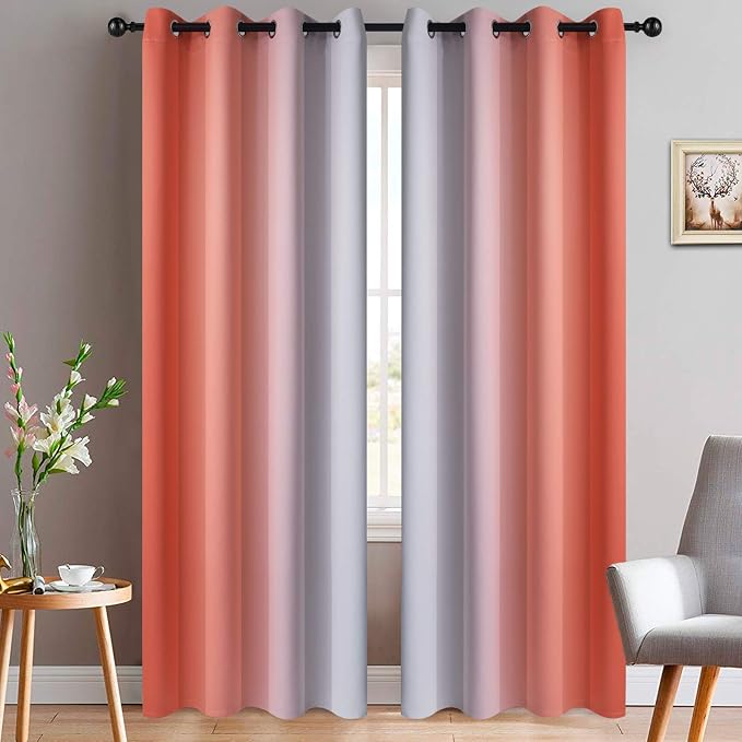 Yakamok Ombre Curtains Coral and Greyish White for Living Room,52Wx84L | Room Darkening Curtains 84,Thermal Insulated Gradient Color Drape,Light Blocking Grommet Window Curtains for Bedroom,2 Panels