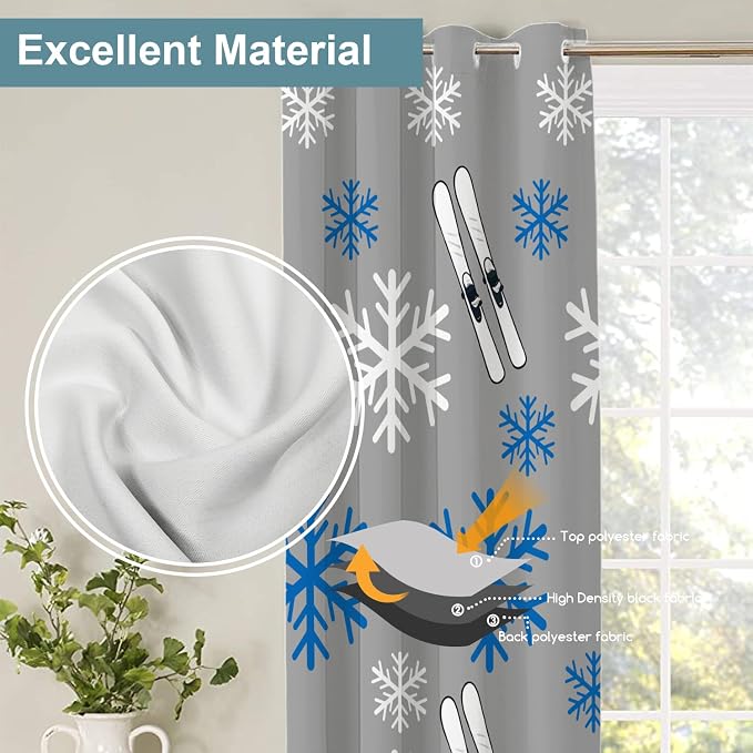 Shrahala Snowflakes Skis Thermal Insulated Blackout Window Curtains, Winter Sports Themed Pattern Long Drapes for Bedroom/Living Room with Plastic Grommet, 52X84 Set of 2