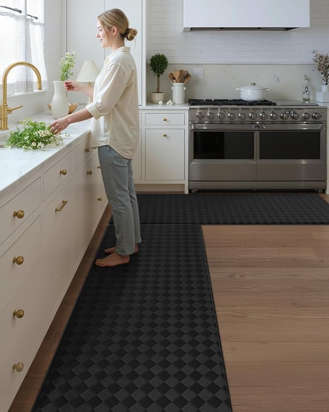 Color&Geometry Extra Wide Kitchen Mats Set 24x59+24x94, Anti Fatigue Cushioned Floor Mat, Waterproof Easy Clean Non Slip Runner for Sink Comfort Standing, Black