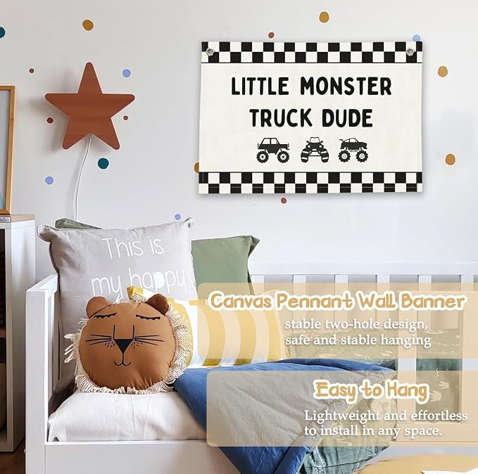 RTXLEZM Little Monster Truck Dude Room Decor, Kids Room Decor | Monster Truck Car Wall Canvas Banner Hanging,Checkered for Toddler Playroom Kids Room Nursery Boys Toy Room Bedroom 20x30