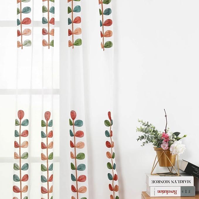 VOGOL Sheer Curtains 106 Inches Long, Colorful Leaves Embroidered White Sheer Rod Pocket Curtains for Living Room Bedroom, W60 X L106, 2 Pieces