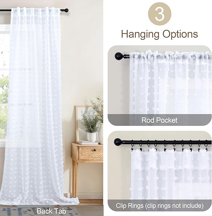 Pom Pom Sheer White Curtains 108 Inches Length White Semi Sheer 2 Panels Farmhouse Boho Pattern Design Voile Draperies Floor to Ceiling Curtains for Living Room Bedroom Back Tab Extra Long 108 Inch