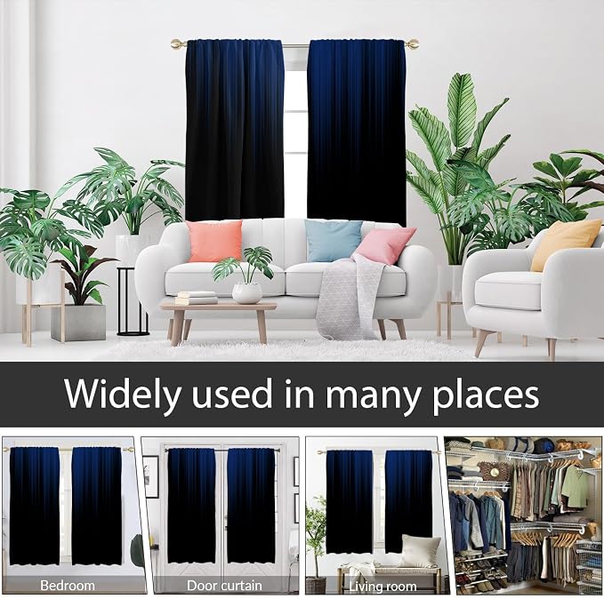 AAtter Navy Blue and Black Ombre Window Curtains, 2 Panels, 42" W x 63" L | Modern Striped Rod Pocket Drapes, Dark Gradient Abstract Style, Cool Anime Masculine Design, Trendy Bedroom Decor for Men