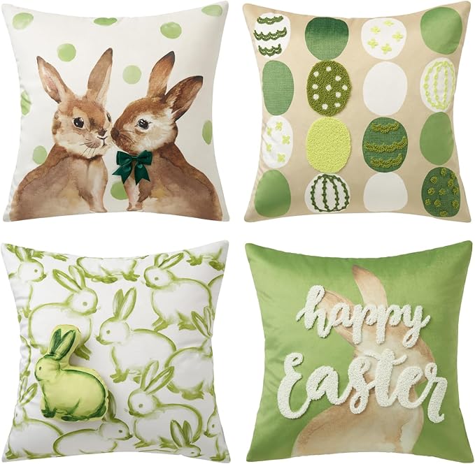 Phantoscope Pack of 4 Happy Easter Throw Pillow Covers, Velvet 3D Bunny Pillowcases Embroidered Egg Letter and Rabbits Pillows Spring Farmhouse Decorative Cushion Covers, Green, 18x18 inches