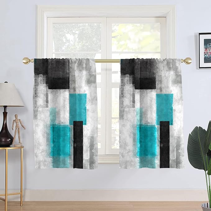 AAtter Teal Black and Grey Window Curtains for Kitchen Turquoise Gray Aqua White Silver Geometric Small Short Home Living Room Bedroom Bathroom Drapes Treatment Fabric 1 Pair, 27.5" W x 45" L, Modern
