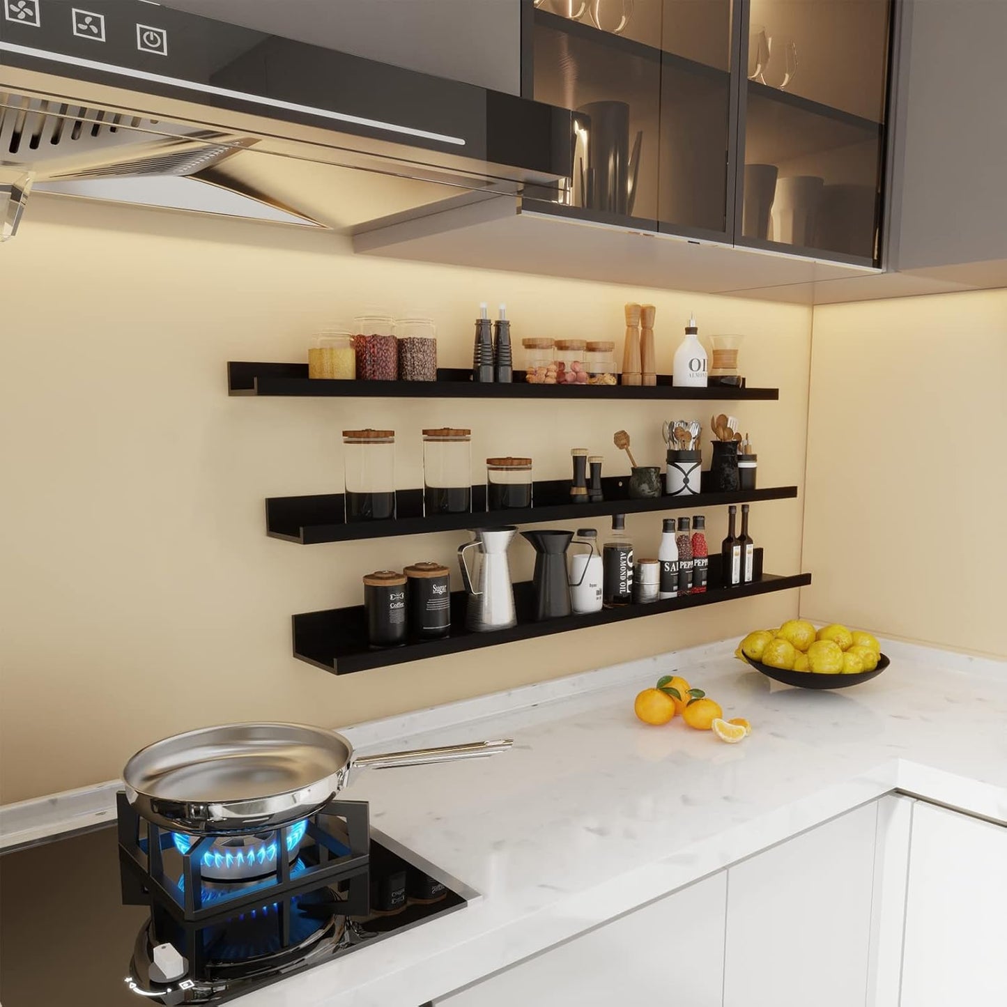 Giftgarden 47 Inch Black Floating Shelves Ledge, Wall Mount Long Picture Rail Large Woodgrain Photo Shelving for Living Room Bedroom Office, Set of 3 Different Sizes