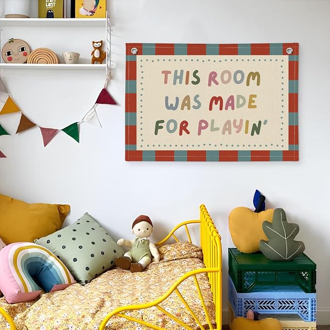 Vintage Playroom Decor Wall Banner "This Room Was Made For Playin'" 20x30 Inch - Nursery Kids Bedroom Wall Hanging, Linen Toddler Play Area Sign, Children's Canvas Flag Decor - Color