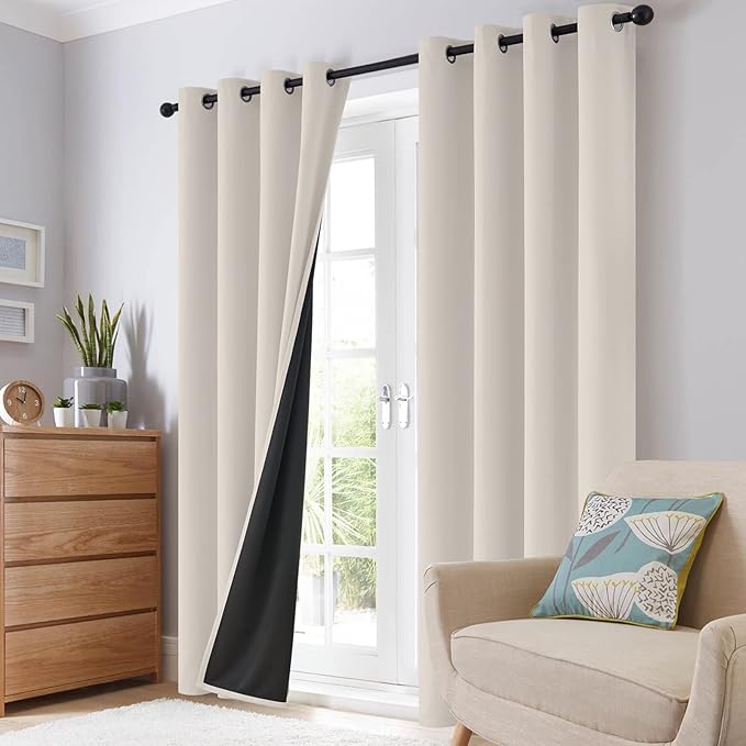 SimpleHome 100% Blackout Curtains for Bedroom,Thermal Insulated Cream Grommet Window Drapes Room Darkening Curtains for Living Room with Black Back,62 x 84 Inch,2 Panels