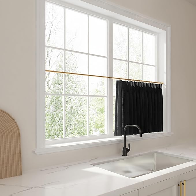 TWOPAGES 42" W x 30" L Linen Blend Cafe Curtains for Kitchen Window, Light Filtering Pinch Pleated Tier Curtains, Modern Farmhouse Half Window Curtains for Bathroom, Black, 2 Panels
