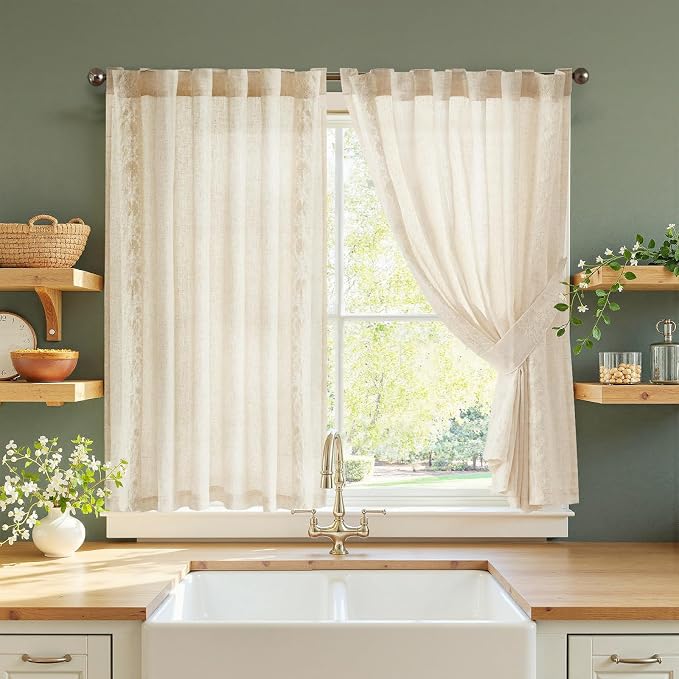 jinchan Ivory Floral Embroidered Linen Kitchen Curtains 54×45 Inch 2 Panels | Light filtering, back tab, rod pocket, cafe curtains for kitchen bedroom living room, cottage farmhouse, small window