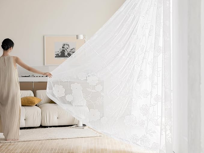 White Lace Sheer Curtains 63inch Rose Knitted Net Curtains with Vintage Floral Embroidered for Living Room Bedroom Window Privacy Country Chic Retro Leaf Semi Sheer Drapes Rod Pocket 54"W 2Panels