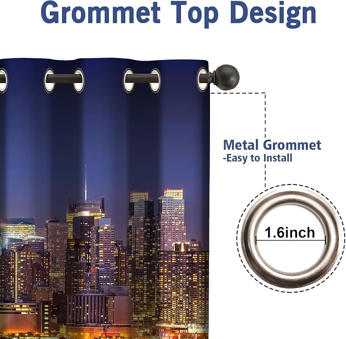 Jekeno City Landscape Blackout Curtains New York Manhattan Midnight Cityscape Ocean Reflection by The Coast Scenery Urban Decor for Bedroom Living Room Grommet Window Drapes 2 Panel Set, 52"x84"