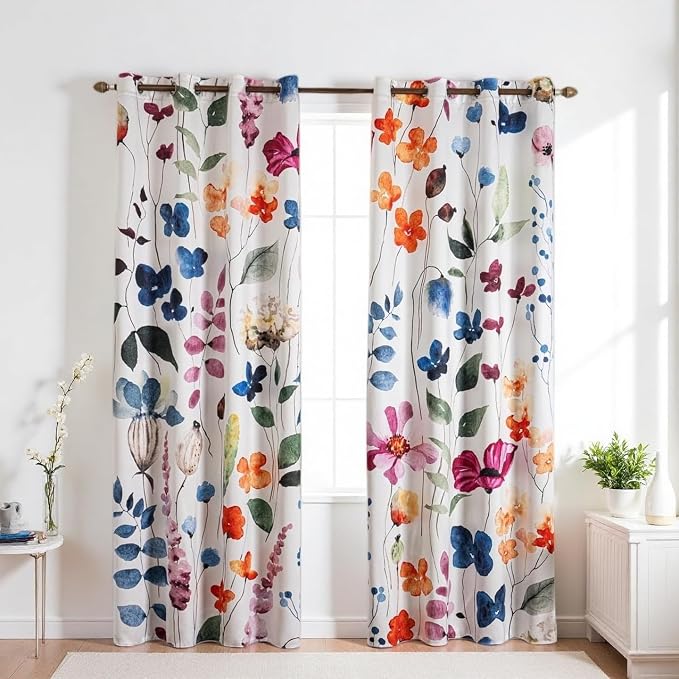 100% Blackout Floral Curtains 63 Inch Long 2 Panel 42x63, Modern Watercolor Wildflower Multicolor Flowers Plant Printing Black Out Curtain Thermal Insulated Window Drapes for Bedroom Living Room Decor