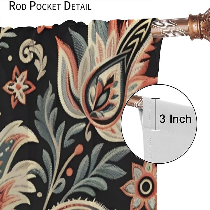 Vintage Floral Blackout Curtains, Bohemian-Style Natural Botanical Paisley Pattern Window Treatments for Bedrooms, Living Rooms, and Offices63X72 Inch
