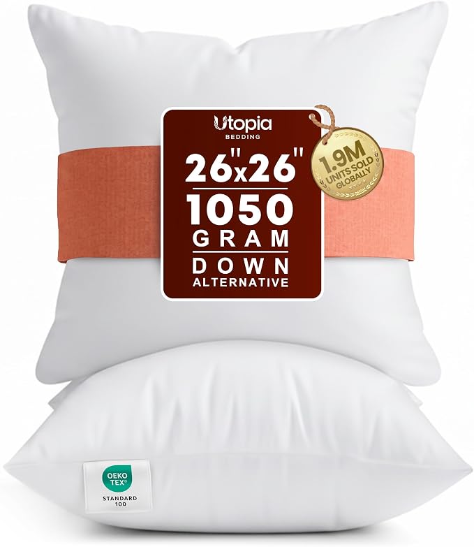 Utopia Bedding 26x26 Pillow Inserts, Set of 2, White – Indoor Decorative Throw Pillows for Bed, Sofa & Couch – Soft, Supportive & Fluffy Cushion Inserts