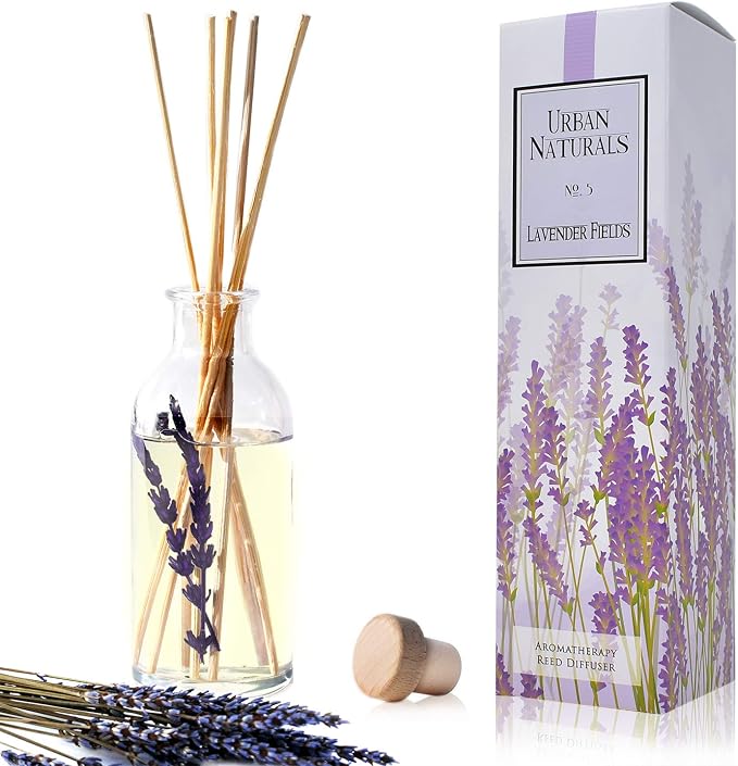 Urban Naturals Reed Diffuser Set, Lavender Fields - Bathroom Shelf Décor | Real Lavender Stems French Blossoms, Geranium & Clary Sage, for Aromatherapy & Stress Relief, Vegan