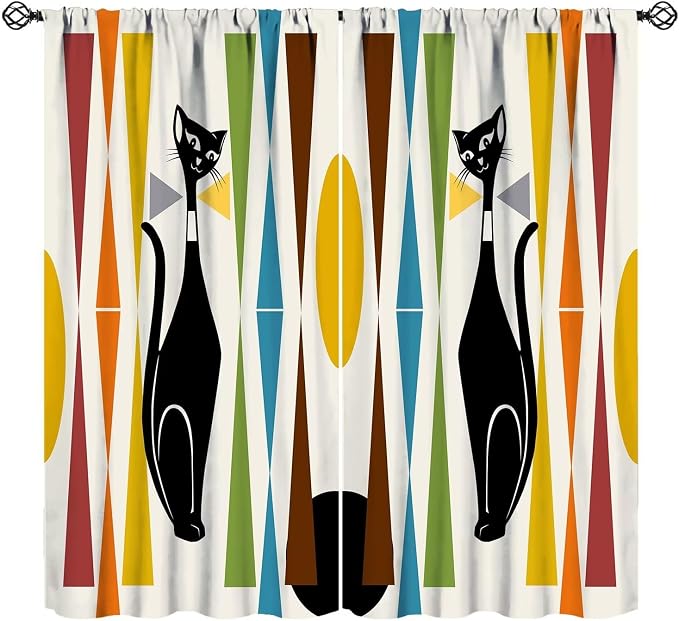 JESTRONRY Mid Century Style Curtains,Black Cat Modern Abstract Geometric Vintage Colorful Shape Pattern Theme Home Fabric Living Room Bedroom Kitchen Bathroom Decor 42x45in