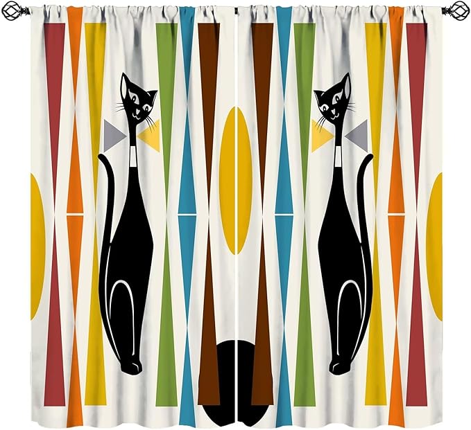JESTRONRY Mid Century Style Curtains,Black Cat Modern Abstract Geometric Vintage Colorful Shape Pattern Theme Home Fabric Living Room Bedroom Kitchen Bathroom Decor 63x72in