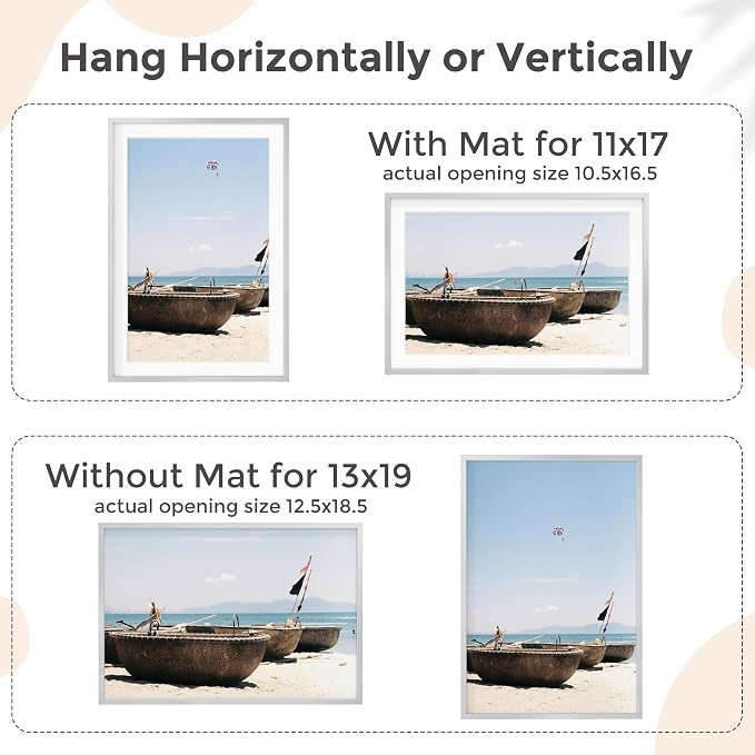 13x19 Metal Picture Frame for Wall With Mat for 11x17, 13''x19'' Aluminum Photo Frames With Tempered Glass for Home Decor, Minimalist Modern Poster Frame Horizontal And Vertical Formats, Silver