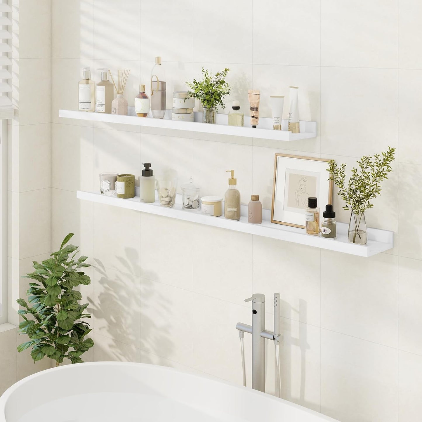 Floating Picture Ledge Shelves 55 Inch Solid Oak Wood Set of 2, Rustic Wall Storage Shelves with Lip, Kids Bookshelf, Photo & Picture Ledge Shelves for Bedroom, Living Room, Kitchen