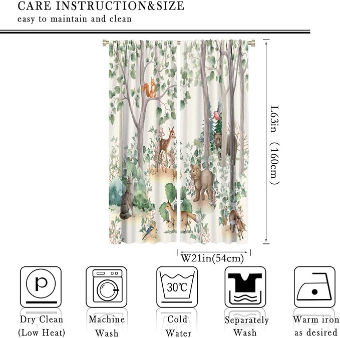 Forest Animal Kids Curtains, Wild Rustic Bear Fox Deer Children Cartoon Window Treatments for Living Room, Watercolor Blackout Drapes 2 Panel Sets,42x63 Inch