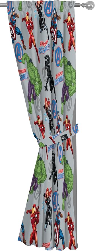 Jay Franco Window Curtains for Kids Bedroom 4-Piece Drape Set with 2 Tiebacks, Grey - Avengers, 42" W x 63" L (Pack of 2)