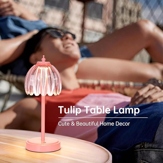 Shenmoyl Rechargeable Table Lamp with 5200mAh Battery & Touch Control - 3 Adjustable Color Temperatures, Cordless Dimmable Table Light for Bedroom, Office Desk, Nightstand (Clear Pink,Pink Base)