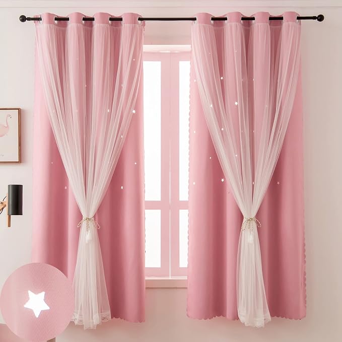 Cute Blackout Curtains Pink Curtains for Girls Room 63 Inches Long 1 Panel Star Cutout Room Darkening Nursery Curtain & Drapes with White Sheer Tulle Lace Double Layer Curtain 63 Inch Length