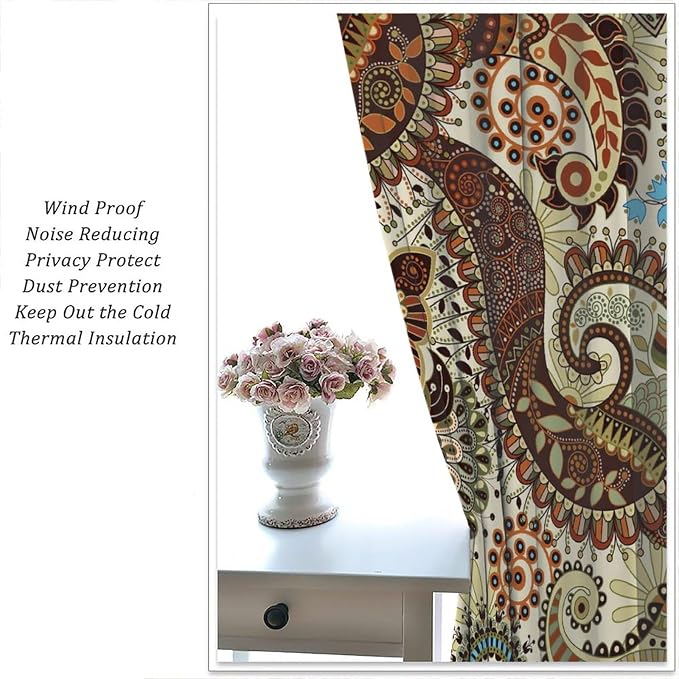 Boho Curtains, Abstract Pelis Boho Brown Vintage Floral Ethnic Tribal Blossom Print, Blackout Curtains for Bedroom Living Room63X72 Inch