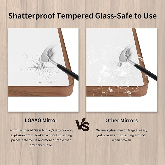 LOAAO 32X36 Inch Bathroom Mirror with Wood Grain Colored Metal Frame, Rounded Rectangle Metal Framed Bathroom Mirror, Anti-Rust, Hangs Horizontally or Vertically, Tempered Glass