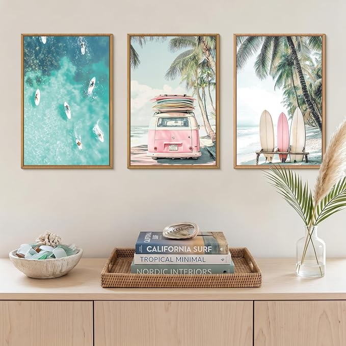 HOURIA Summer Surfboard Beach Framed Canvas Wall Art Set,Modern Ocean Surfing Seascape Wall Decor,Coastal Bus Coconut Tree Wall Painting,Nature Botanical Art Prints for Living Room, Bedroom-16 x24 x3