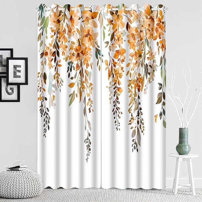 Orange Watercolor Floral Blackout Curtains 42x84 Inch 2 Panels | Botanical Leaves Vine Flowers, Rustic Farmhouse, Blackout Window Treatment, For Bedroom Living Room