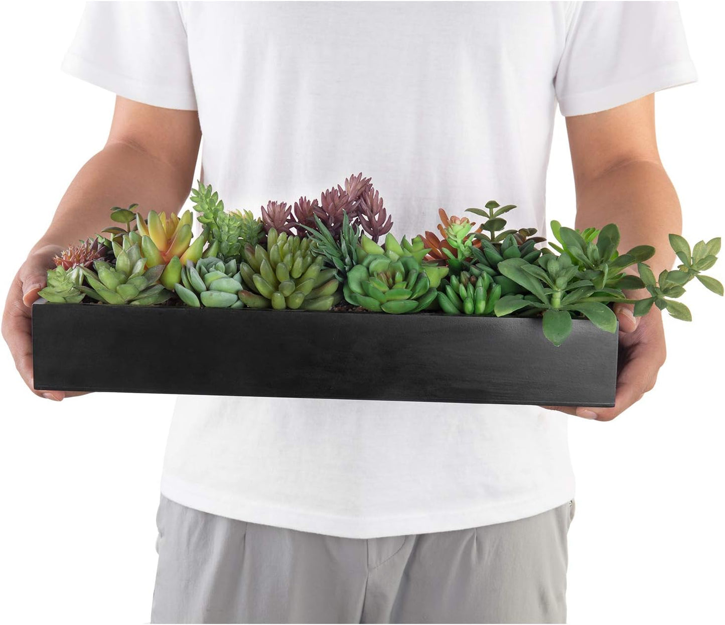 MyGift Artificial Succulent Centerpiece,15.75 Inch Faux Succulents Arrangement Plants in Sleek Black Wooden Rectangular Planter Box