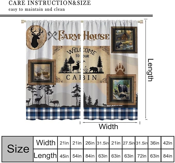 Hunting Bear Deer Curtains Vintage Rustic Farmhouse Lattice Forest Hunting Lodge Wood Wildlife Windows Treatments for Kitchen Farm Living Room Bedroom 42x45in