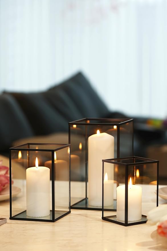 PHOSPHOR Hurricane Glass Candle Holder Set of 3 Pieces Black Hurricane Candleholders for Wedding Party Holiday Birthday Home Decor Lanter