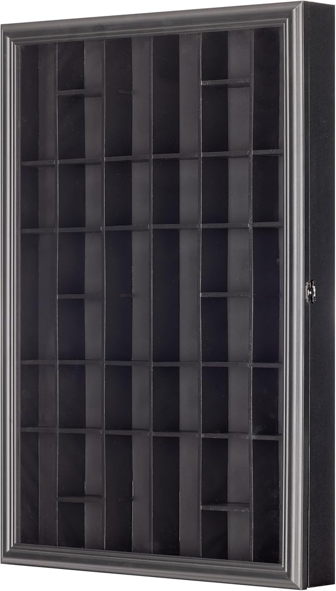 Gallery Solutions - Black Wall-Mounted - Curio & Shot Glass Display Case - 17"x26" Glass Door - Bar Accessories - Collectible - Miniature Glassware - Bar Accessories