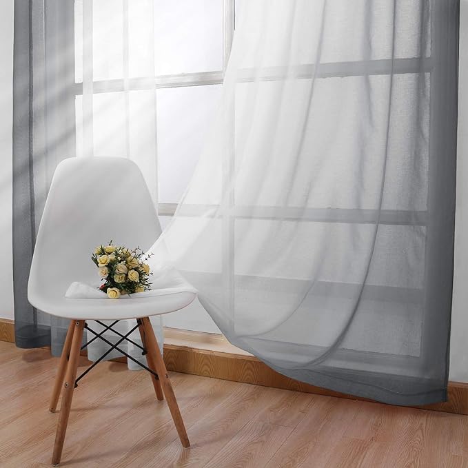 DWCN Grey Faux Linen Ombre Sheer Curtains - Semi Voile Gradient Grommet Top Curtains for Bedroom and Living Room, Set of 2 Window Curtain Panels, 52 x 84 Inches Long