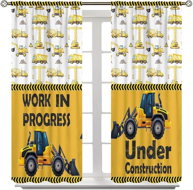 Cartoon Car Blackout Curtain,Boys Kids Construction Vehicles Truck Yellow Window Curtain for Dining Room Kitchen Bedroom Living Room Office Nursery Drapes,84x84 in