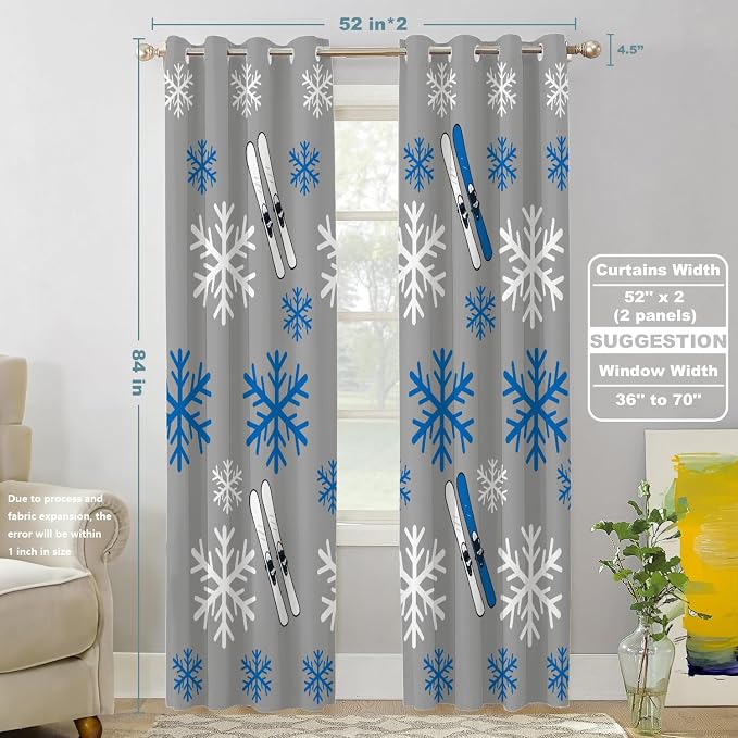Shrahala Snowflakes Skis Thermal Insulated Blackout Window Curtains, Winter Sports Themed Pattern Long Drapes for Bedroom/Living Room with Plastic Grommet, 52X84 Set of 2