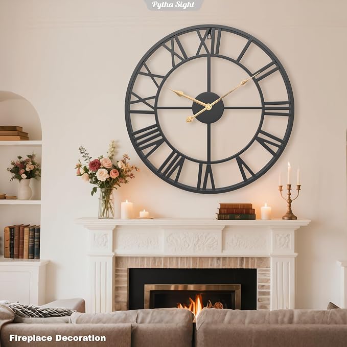 Pytha Sight 14 Inch Large Wall Clocks for Living Room Decor,Big Silent Battery Operated Metal Wall Clock,Rustic Modern Farmhouse Roman Numerals Wall Clock for Kitchen,Office,Bedroom,Dining Room