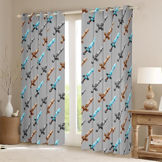 Castle Fairy Colorful Sword Window Curtain,Sandbox Blocke Building Bedroom Decor Curtains for Kids Boys Teens,Video Games Window Treatment Grey Modern Blackout Drapes 2 Panels,38Wx45L