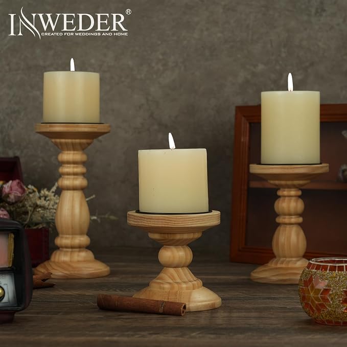 Wood Pillar Candle Holder: Rustic Wooden Candle Stand Farmhouse Fall Decor Distressed Brown Centerpieces for Tables Mantel Dining Living Room Christmas Set of 3